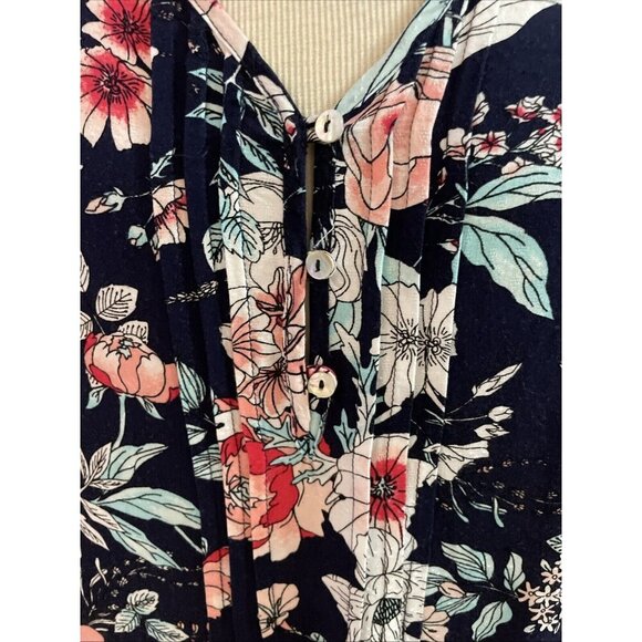 Emily Daniels Floral Blouse Tunic Petite XL Navy Pleated Button Front Colorful - Picture 2 of 14